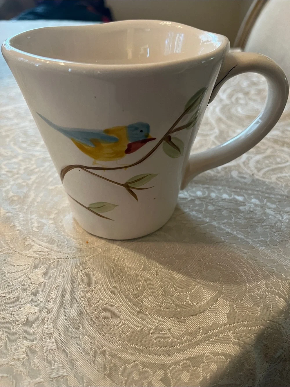 Pier 1 White Ceramic Mug with Blue and Yellow Bird Hand Painted